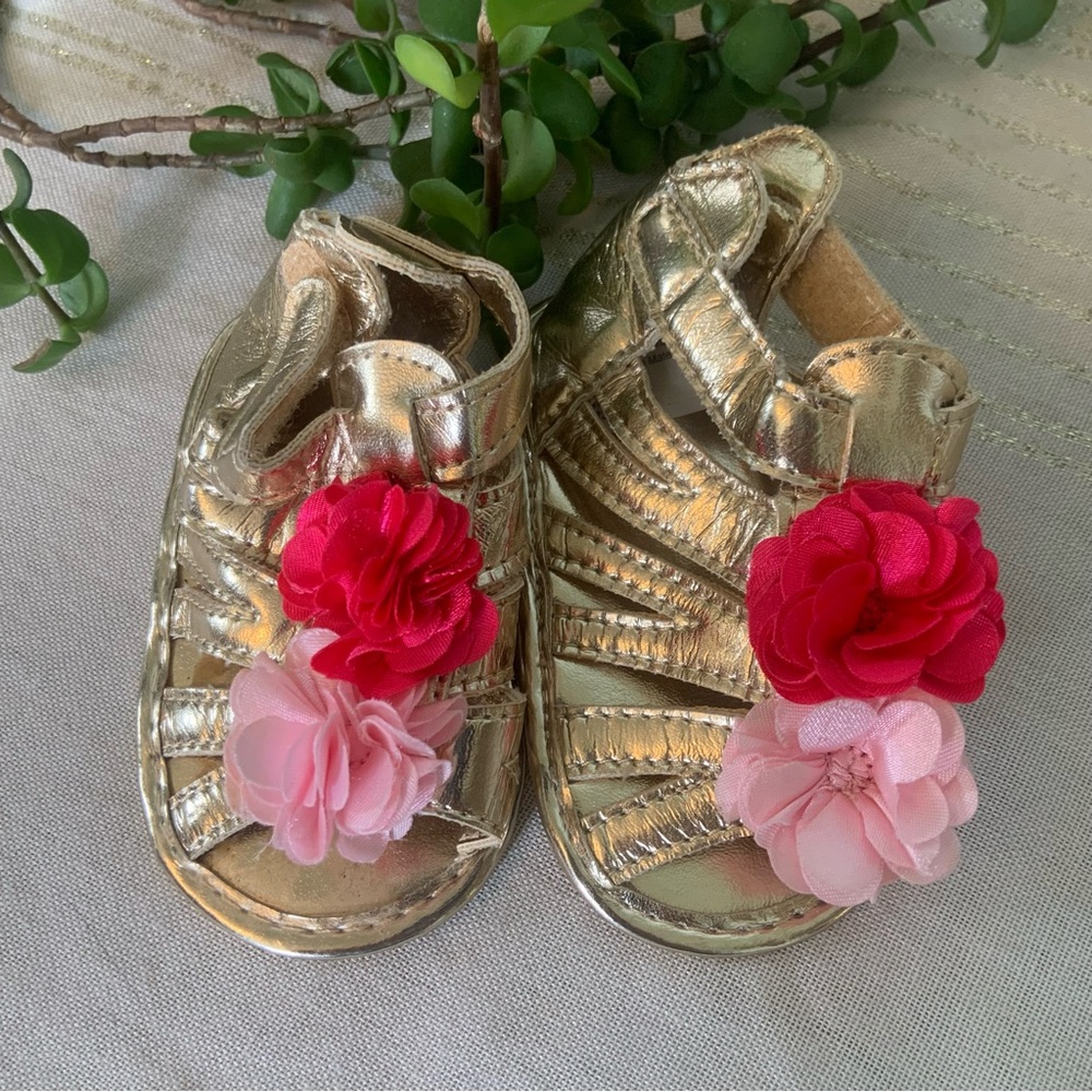 Baby Girl Metallic Gold Cage Sandals with Large Flower Embellishments